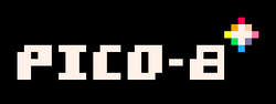 Pixel art: the text "PICO-8" in white on black, followed by a diamond shape with a rainbow outline.
