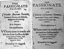 Two versions of a title page of an anthology of poems, one showing Shakespeare as the author, while a later, corrected version shows no author