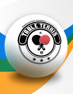 The game's cover art. The words "TABLE TENNIS" (with the smaller "ROCKSTAR GAMES PRESENTS" above) are printed onto a table tennis ball.