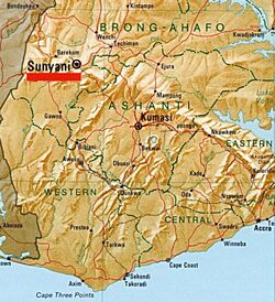 Location map of Sunyani, in Bono, Ghana.