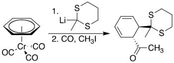 (Benzene)chromiumtricarbonyl electrophile nucleophilic carbonylation.png