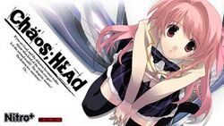 A stylized illustration of a young woman with pink hair, wearing a school uniform. She sits by a futuristic sword-like weapon, which is flat on the ground, running diagonally across the cover. Running parallel with the weapon is the game's logo, saying "Chäos;HEAd" in large fonts. The background is entirely white.