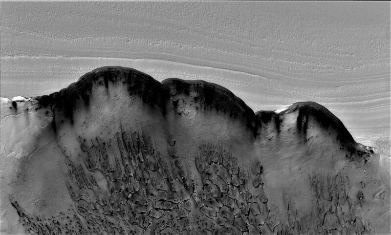 File:ESP 034500 2620 RED North Polar Scarp in Abalos Undae with Basal Exposure and Dunes black and white.jpg
