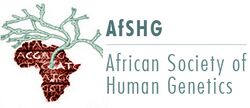 Logo of the African Society of Human Genetics. Branches of a tree grow out of the continent of Africa, with the letters "ATGC" repeating over the continent.