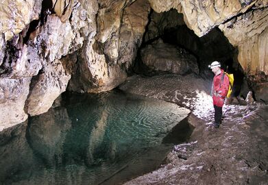 A man in a cave dressed in caving gear staring at an ankle-deep body of water about 3 feet away from him