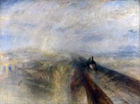 Turner's painting rain, steam and speed. A very loose expressionist painting style convey a train rushing through intense rain.
