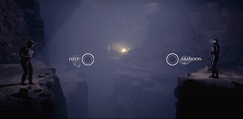 A screenshot of one of House of Ashes' gameplay mechanics. The scene is set in a dark underground cave. On the right side of the image is Rachel, holding a grappling rope and standing on a cliff ledge. Separated by a wide gap, her ill companion Clarice is on the other side of the chasm, which is on the left side of the image. Two circular buttons are presented on the screen; the first button, which reads "HELP", is by the left side of the chasm, and the second button, which says "ABANDON", is by the right side.