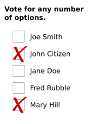 A theoretical ballot with the instructions "Vote for any number of options." Two choices are marked, three are not. There is no difference between the markings.