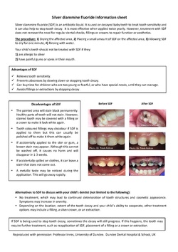SDF patient information leaflet showing side effect of discolouration of SDF with pictures before and after treatment
