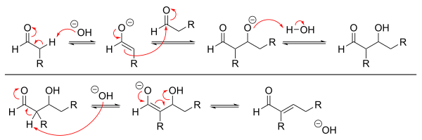 A mechanism for aldol condensation in basic conditions, which occurs via enolate intermediates and E1CB elimination.