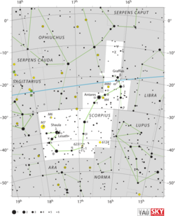 Diagram showing star positions and boundaries of the Scorpius constellation and its surroundings