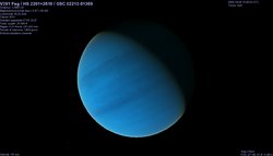 An artistic rendering of V391 Pegasi b, a sky blue planet in the dark of space