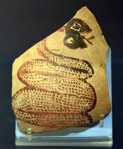 A painted sherd (pottery fragment from a vessel). The exterior, yellow clay with fine burnish, is decorated with a snake with a flickering tongue. From Tell Arpachiyah, Iraq. Halaf period, 6000-5000 BCE.jpg