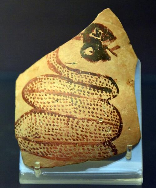 File:A painted sherd (pottery fragment from a vessel). The exterior, yellow clay with fine burnish, is decorated with a snake with a flickering tongue. From Tell Arpachiyah, Iraq. Halaf period, 6000-5000 BCE.jpg