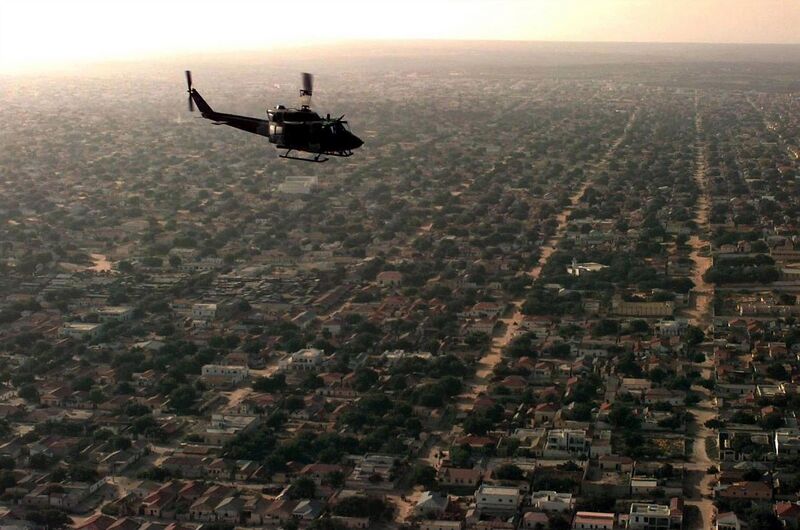 File:Aerial view of a US helicopter as it flies over a Mogadishu residential area.JPEG