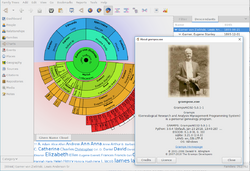 Screenshot of Gramps (v. 5.0.1) with its fan chart and the Given name cloud gramplet on the bottom.