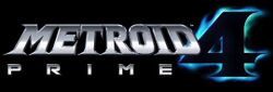 The game's logo atop a pitch-black background: silver, bold text reading "METROID"; smaller silver text below it reading "PRIME"; and a large black "4" to the right of both, with blue flames lighting its edges.