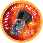Artwork of the spacecraft next to the Sun, enclosed in a circle with a yellow border. The words "Parker Solar Probe" are placed around the interior of the border, while the words "a mission to touch the Sun" are written inline in a smaller font in the bottom right of the image.