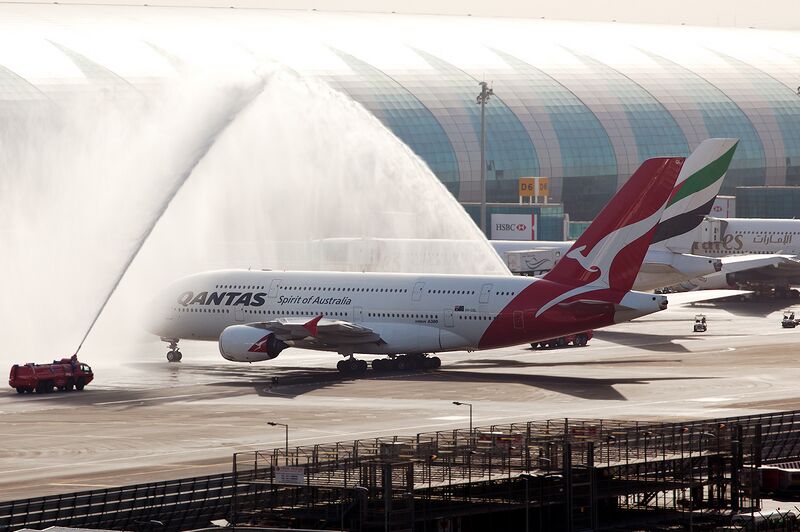 File:Qantas A380 receiving a water cannon salute at Dubai International Airport.jpg