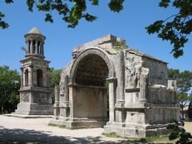 Roman site 'Les Antiques' of Glanum, with the Mausoleum (left) and the Arch (right)