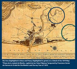 Santa Ana and Pasay shown on a Detail of Plano de la ciudad de Manila, capital de las Yslas Filipinas.jpg