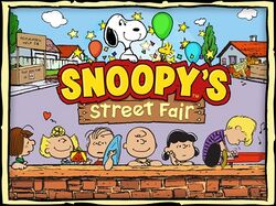 Official cover art, showing (reverse clockwise from top) Snoopy, Peppermint Patty, Sally Brown, Linus van Pelt, Charlie Brown, Lucy van Pelt, Schroeder, and Woodstock in front of a street fair