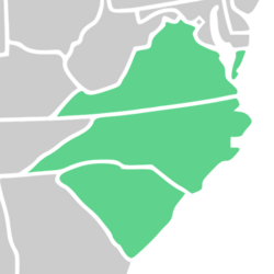 Symphyotrichum grandiflorum native distribution map: North Carolina, South Carolina, and Virginia (US).