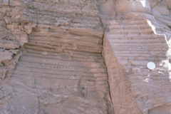 A brown rock or sediment face with horizontal layers, 18 of which are clearly visible. Some of the layers are obviously thicker than others - presumably the result of differences in annual deposition rates due to seasonal variations.