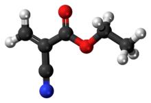 Ball-and-stick model of the ethyl cyanoacrylate molecule