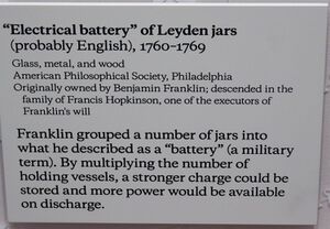 Museum label for Leyden jar "electrical battery"