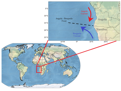 Location of the Angola - Benguela front. The course of the Angola Current (red) and the Benguela Current along the west coast are also indicated.