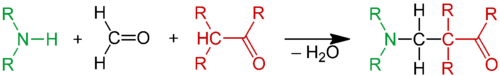 Scheme 1 – Ammonia or an amine reacts with formaldehyde and an alpha acidic proton of a carbonyl compound to a beta amino carbonyl compound.