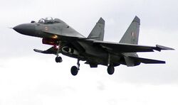 Su-30MKI aircraft in flight armed with an air launched BrahMos supersonic air to surface cruise missile.jpg