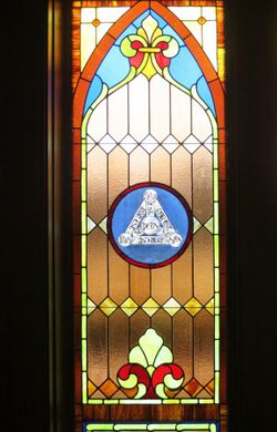 Saint Brigid Church (Dublin, OH) - Pastoral Center, stained glass, Trinitarian window.jpg