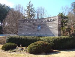 Toccoa Falls College, entrance sign.JPG