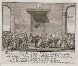 Engraving of a royal wedding with courtiers