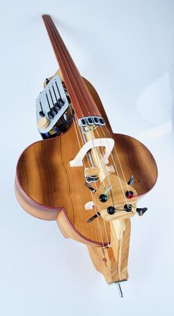 A halldorophone, a cello-like intelligent instrument embedded with electronic parts.