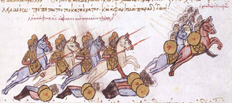 Eight horsemen in scale armour, each holding a lance chase nine horsemen with clouds wound about their heads