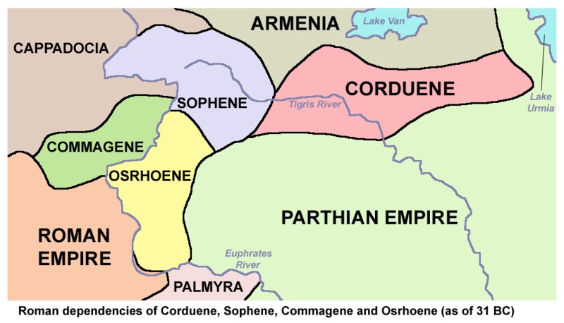 File:Map of Roman dependency of Sophene, Corduene, Commagene, and Osrhoene as of 31 BC.png