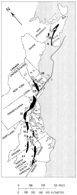Outcrops of Newark Supergroup Lutrell (1989) USGS Bulletin 1572.png