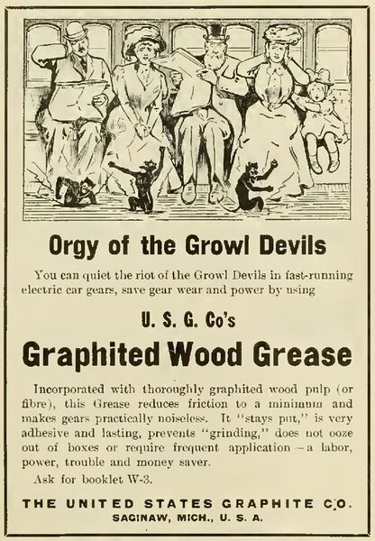 File:“Orgy of the Growl Devils “ “Graphited Wood Grease” 1908 ad - Electric railway review (IA electricrailwayr19amer) (page 50 crop).jpg