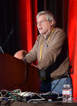 An image of Bob Bates presenting at the 2015 Game Developers Conference