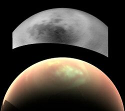 Two images of Titan's north pole, with one showing methane clouds