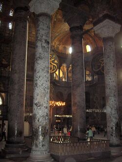 Four huge verd antique columns in the interior of Hagia Sophia