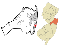Location of Ocean Grove in Monmouth County circled and highlighted in red (left). Inset map: Location of Monmouth County in New Jersey highlighted in orange (right).