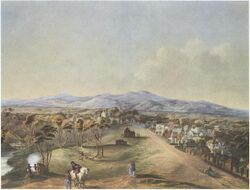Painting of a town near a river with woodlands and hills in the background