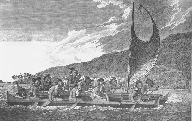 File:Priests traveling across kealakekua bay for first contact rituals.jpg