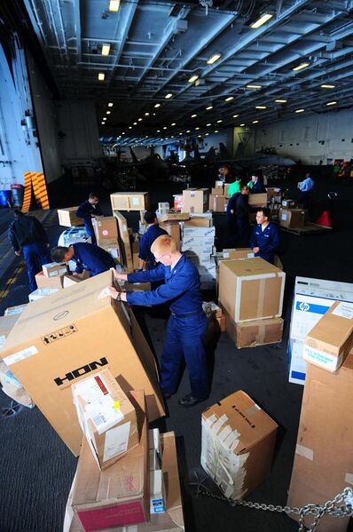 File:US Navy 090522-N-3946H-079 Supply Department personnel sort boxes of mail and supplies during a carrier onboard delivery in the hangar bay of the aircraft carrier USS Nimitz (CVN 68).jpg