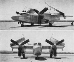 Black and white two-view image of propeller-driven aircraft with wings folded