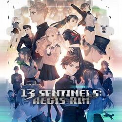 A group of thirteen people, men and women of high school age, are arranged in a group at varying scales in front of a large humanoid robot, with the game's title shown beneath.